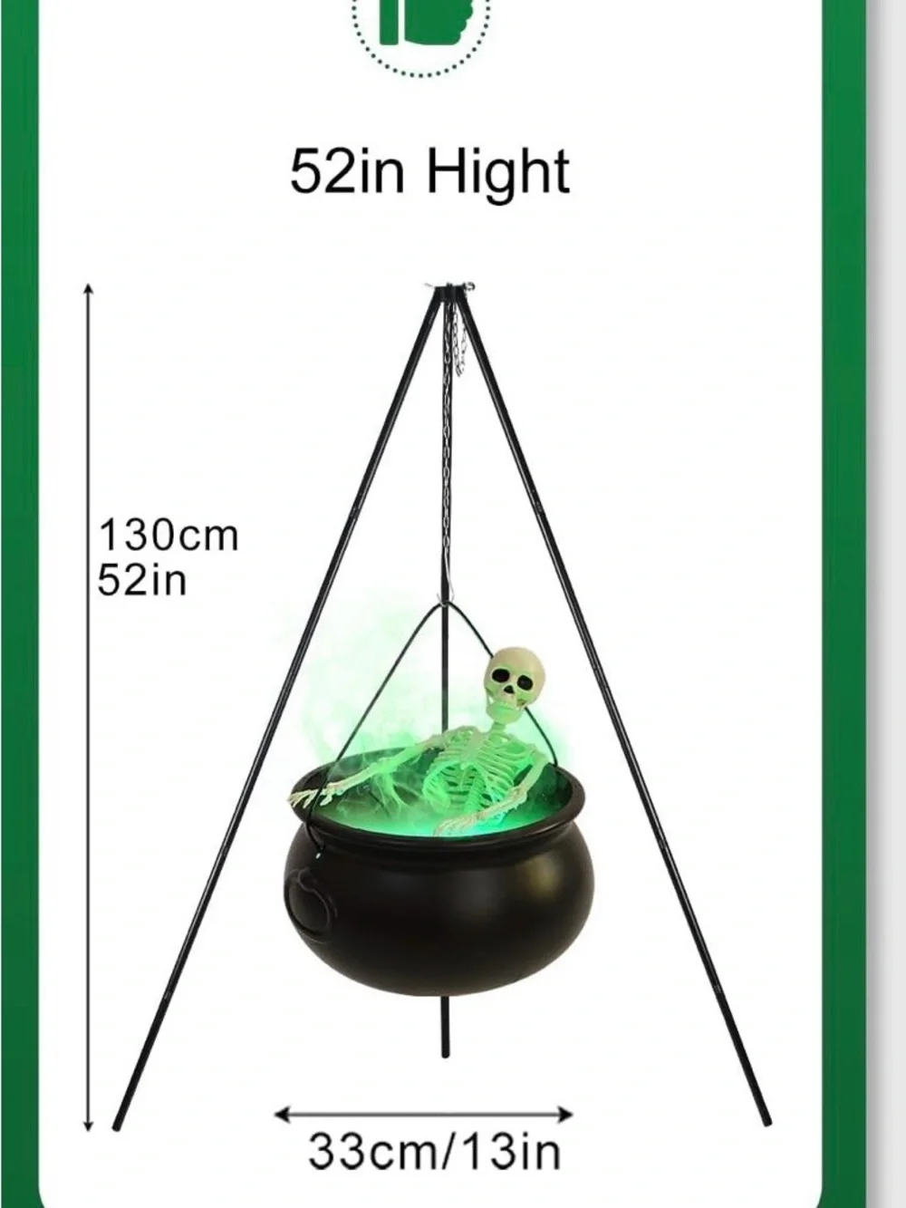 Halloween Hanging Cauldron with Green Glowing Skeleton - Party Decor